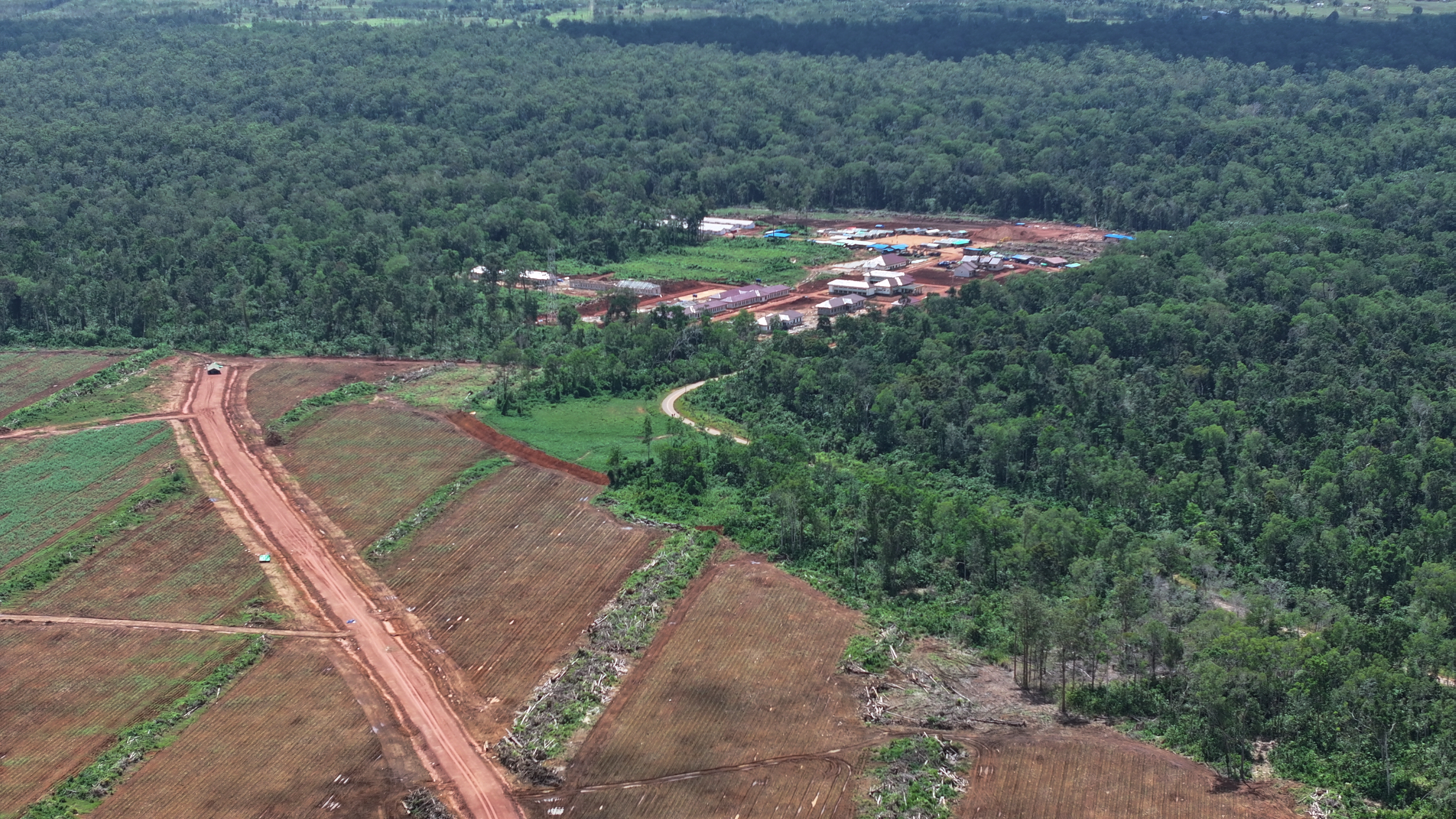 food estate foto 3 Deforestasi dan konversi ekosistem alami menjadi perkebunan tebu (pengembangan industri bioetanol) sekitar Yonif TP 817/Aoba di Distrik Jagebob, Kabupaten Merauke. Direkam dari titik 140°45′1,75″E, 7°54′21,03″S. Foto: Auriga Nusantara, 6 Mei 2026.